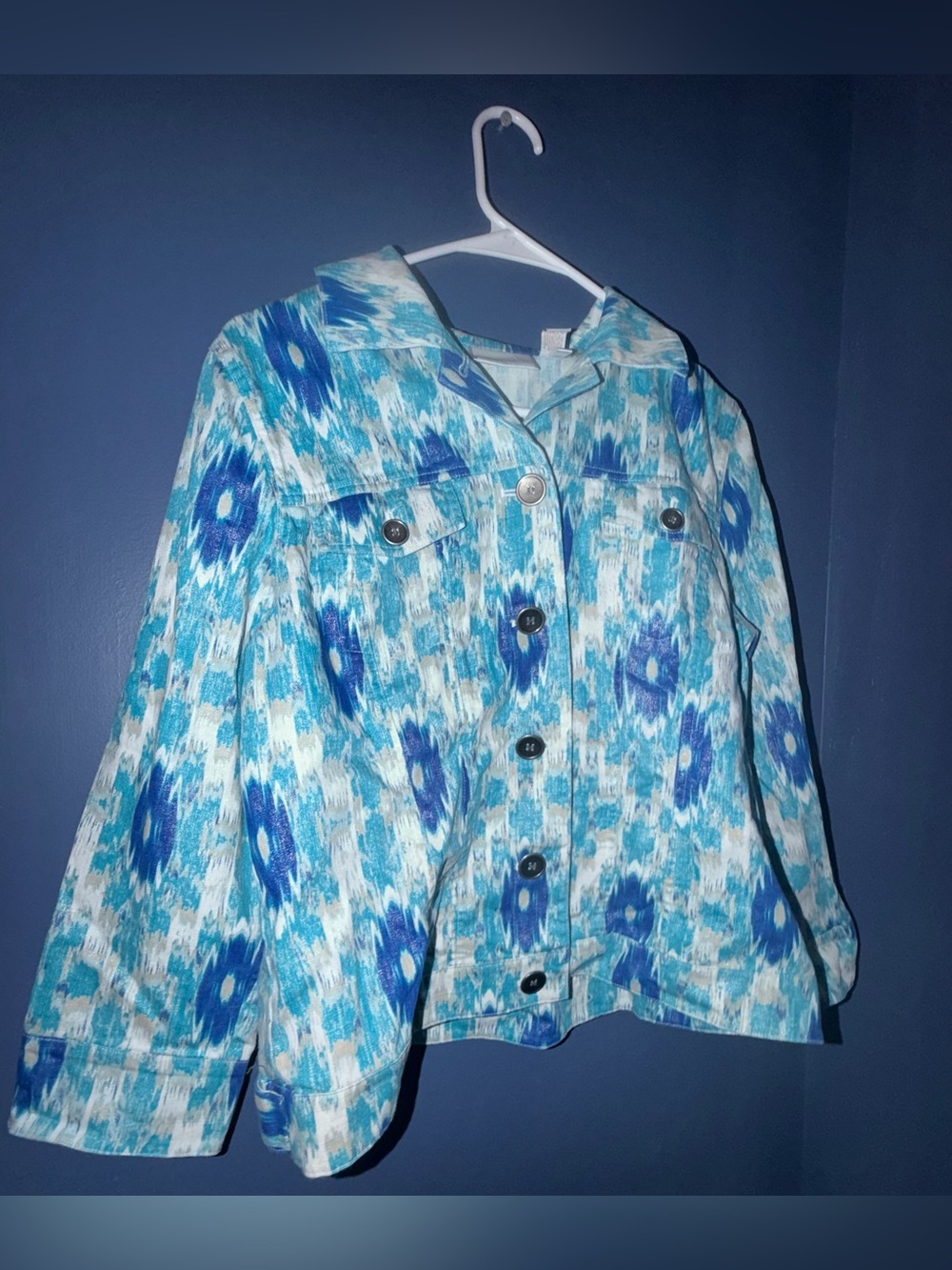 Chicos Ikat Linen Jacket Denim Style Women’s Blue Aqua Metallic Silver size 1